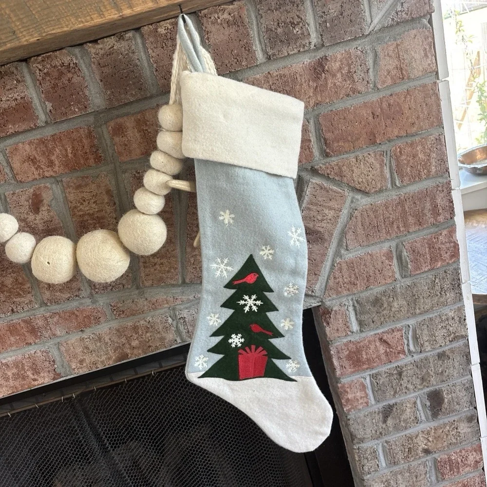 Crate‎ & Barrel Light Blue Christmas Stocking Aspen Fir Holiday Decor Wool Blend